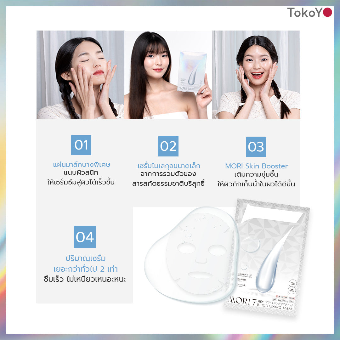 [ซื้อคู่สุดคุ้ม!] MORI 7mins brightening mask | โมริ มาสก์ 7 นาที สูตรผิวกระจ่างใส - 3 ชิ้น + Tokoyo Night Ex Plus [Collagen] 30 แคปซูล