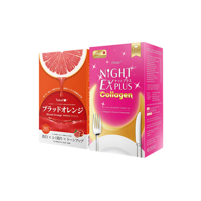 [เซตคู่ปังกล่องใหญ่เรื่องผิว] Blood Orange Plus Dietary Supplement Product Tokoyo Brand บลัด ออเรนจ์ พลัส ผลิตภัณฑ์เสริมอาหาร ตรา โทโกโยะ 30 แคปซูล - 1 กล่อง  + Tokoyo Night Ex Plus [Collagen] I โตโกโย ไนท์ อีเอ็กซ์ พลัส สูตร คอลลาเจน 30 แคปซูล - 1 กล่อง