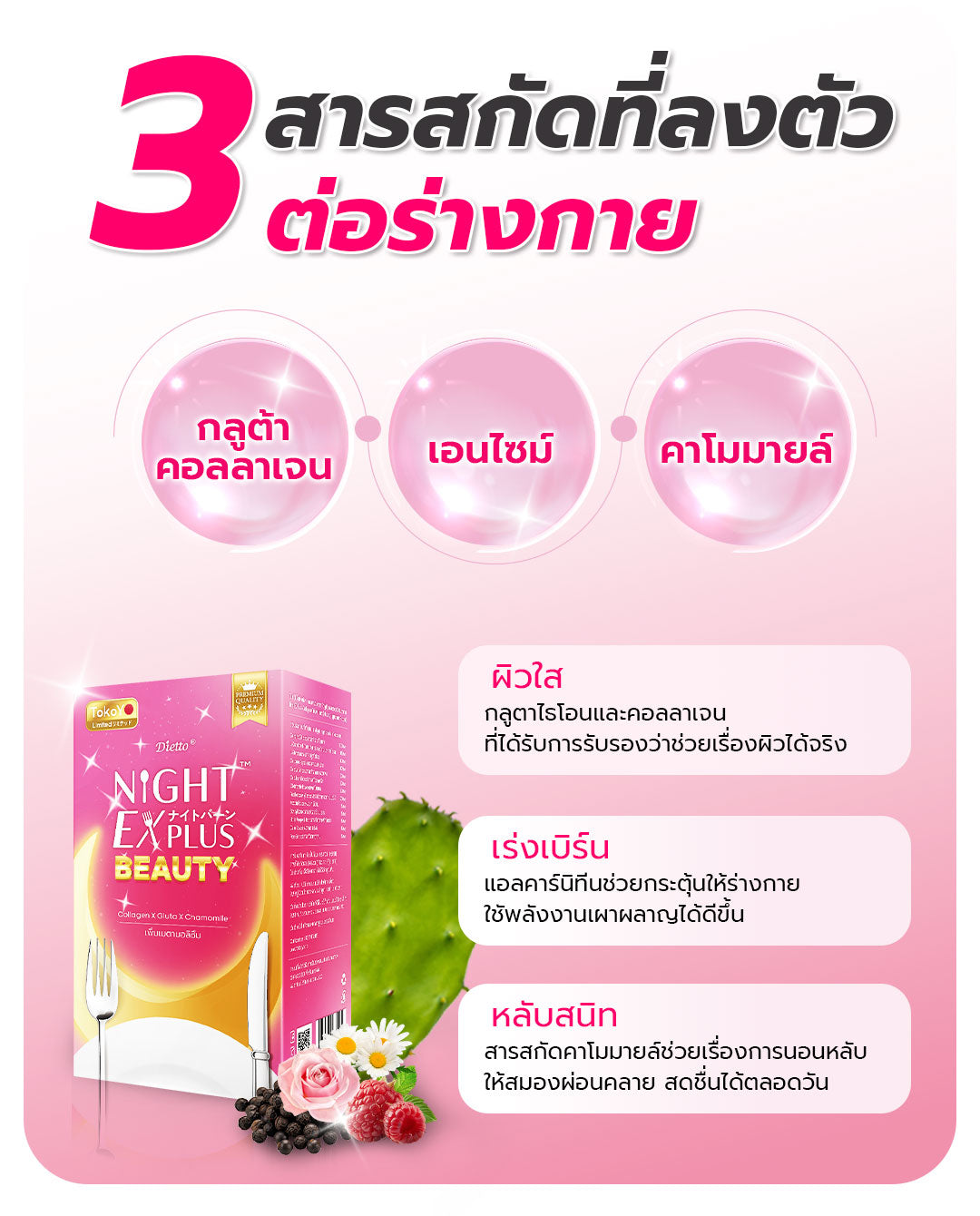 Dietto Night EX Plus Beauty  | ไนท์ อีเอ็กซ์ พลัส บิวตี้ ผลิตภัณฑ์เสริมอาหาร 8 เม็ด  - 3 แผง รวม 24 แคปซูล